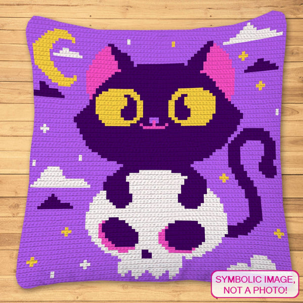 Crochet Halloween Cat with Skull Patterns, Crochet Graphgan Pattern, Crochet Decorative Pillow
