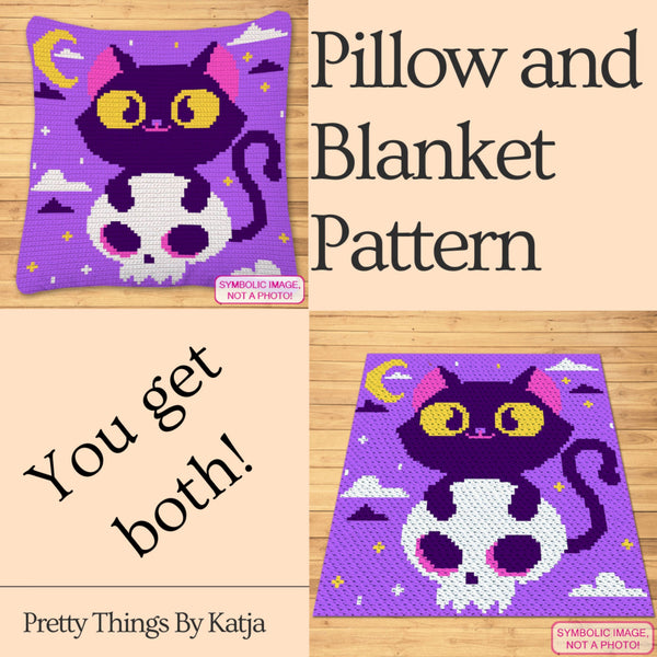 Crochet Halloween Cat with Skull Patterns, Crochet BUNDLE: C2C Graphgan Pattern, Crochet Decorative Pillow