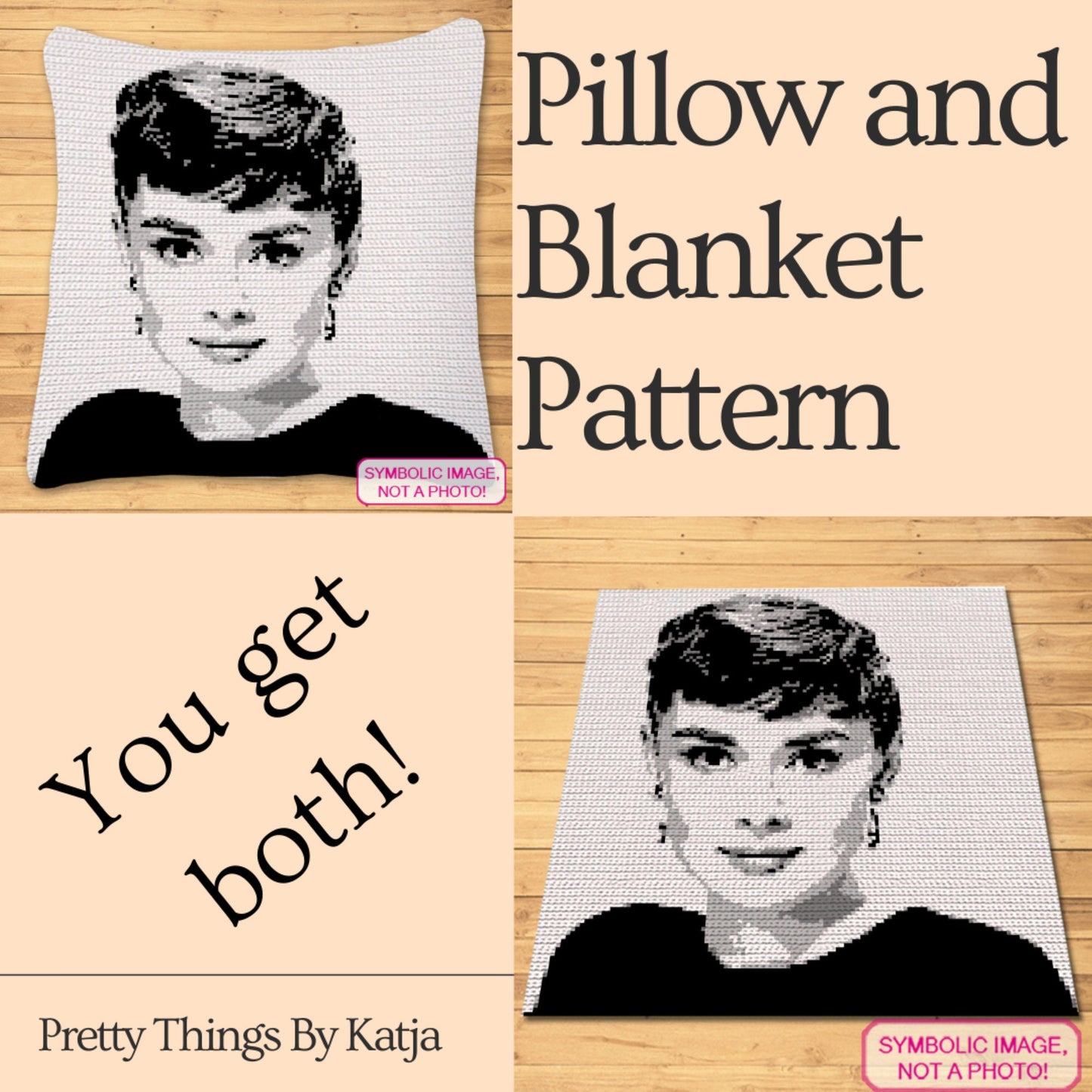 Crochet Celebrity Audrey Hepburn (Short Hair), Crochet Blanket Pattern, Crochet Pillow Patternt Portrait Pattern