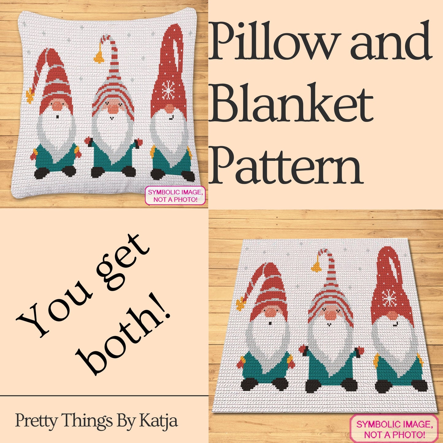 Crochet Three Gnomes Pattern, Christmas Crochet Afghan Pattern, Crochet Pillow Pattern