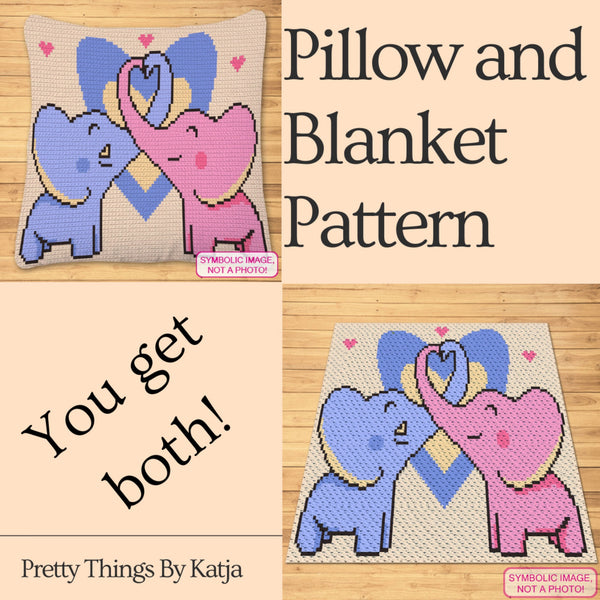 Crochet Elephants in Love Pattern BUNDLE - C2C Graphgan Pattern, Crochet Elephant Pillow