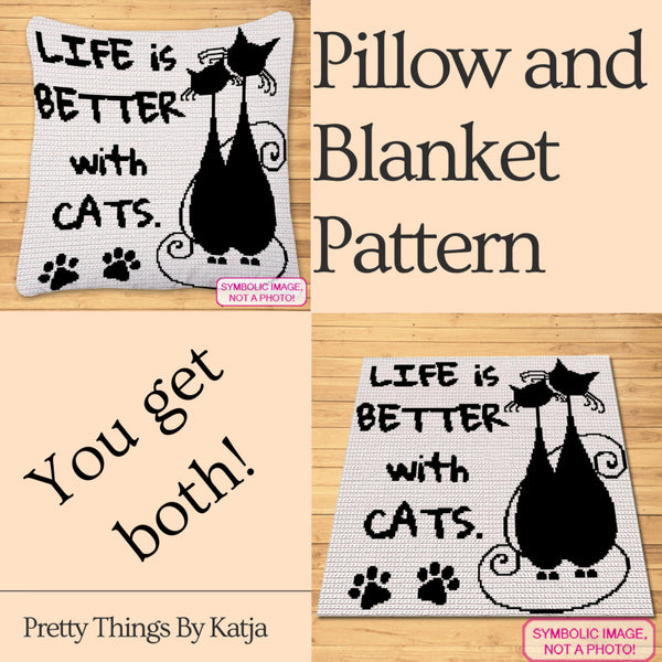 Crochet Cat Pattern, Life is Better with Cats Crochet Pillow Pattern, Crochet Cat Afghan