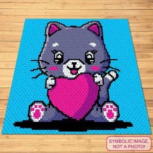 Crochet Kitty with a Heart Pattern - C2C Cat Crochet Blanket Pattern