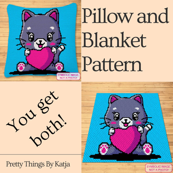 Crochet Kitty with a Heart Pattern - Tapestry Crochet Blanket Pattern, Crochet Cat Pillow