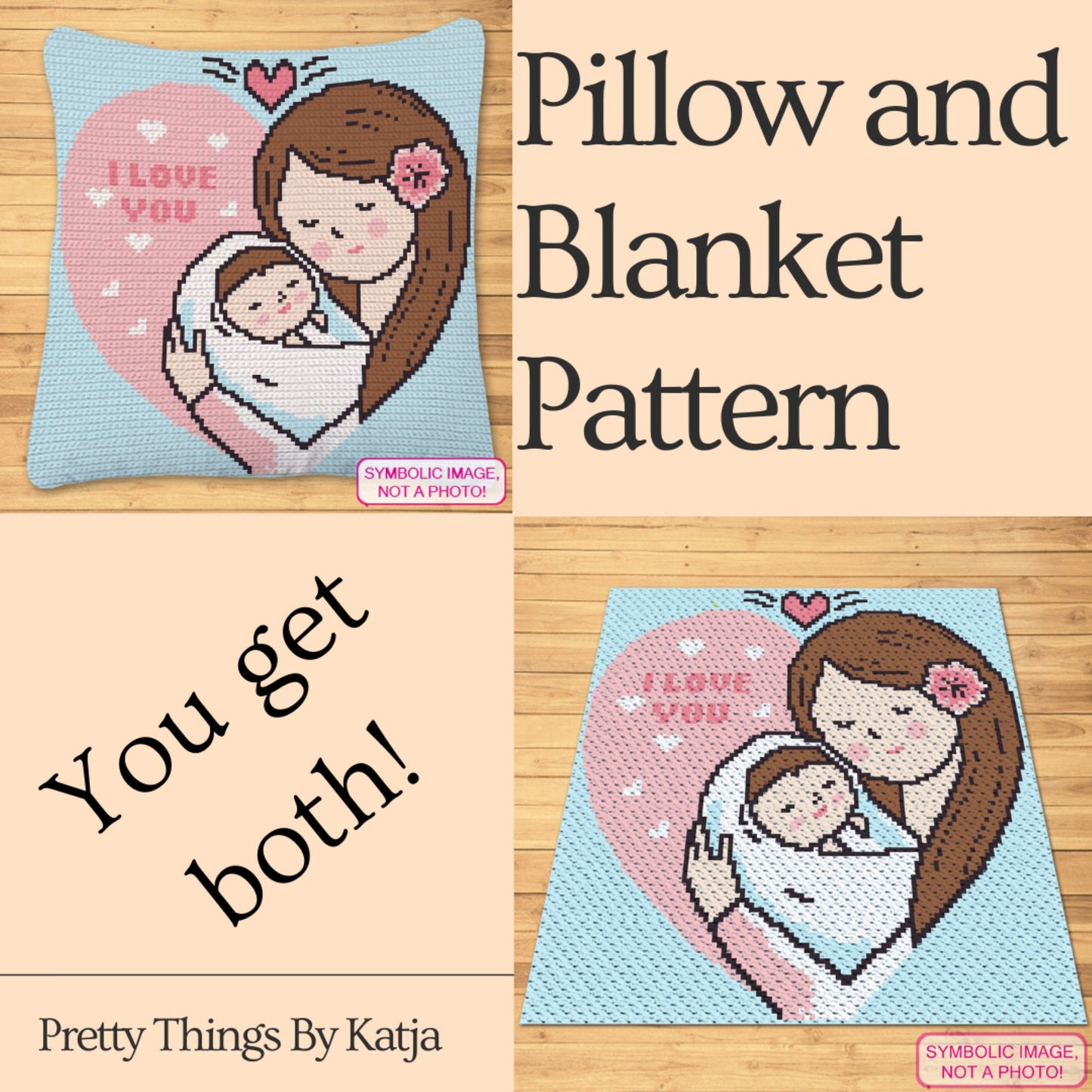 Crochet Mom And Baby in a Heart BUNDLE: C2C Crochet Baby Blanket Pattern, Crochet Pillow Pattern