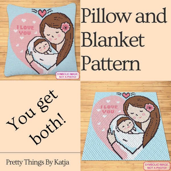 Crochet Mom And Baby in a Heart - Crochet Baby Blanket Pattern, Crochet Pillow Pattern