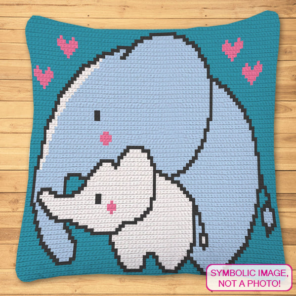 Crochet Elephant Blanket (Blue) - Tapestry Crochet Blanket Pattern and Crochet Pillow Pattern