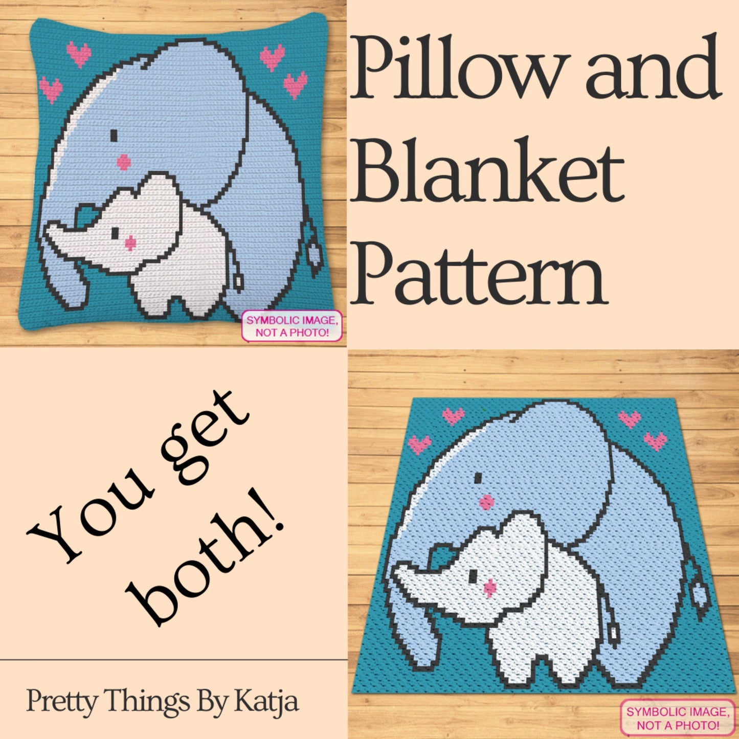 Crochet Elephant Blanket (Blue) - Tapestry Crochet Blanket Pattern and Crochet Pillow Pattern