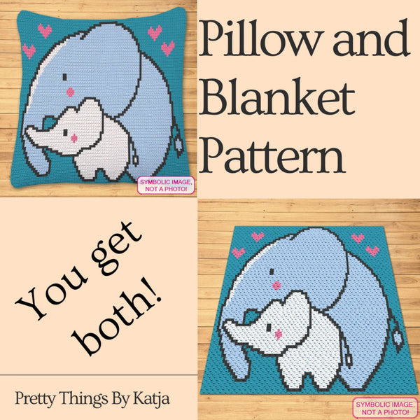 Crochet Elephant (Blue) - Crochet BUNDLE: C2C Crochet Blanket Pattern and Crochet Pillow Pattern