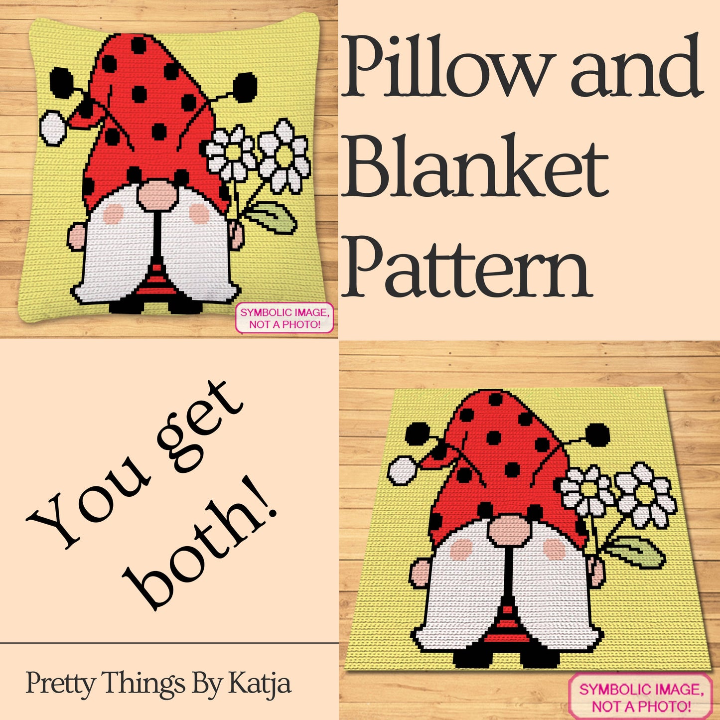 LadyBug Crochet Gnome - Crochet BUNDLE: C2C Crochet Afghan and Tapestry Crochet Pillow Pattern