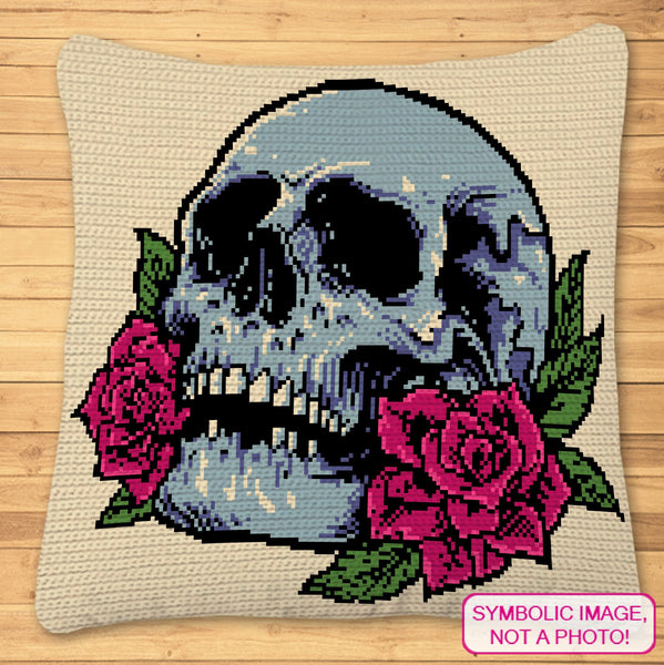 Crochet Skull with Rose Pattern - Halloween Crochet Blanket Pattern, and Crochet Pillow Pattern
