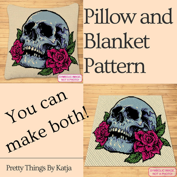 Crochet Skull with Rose Pattern - Halloween Crochet Blanket Pattern, and Crochet Pillow Pattern