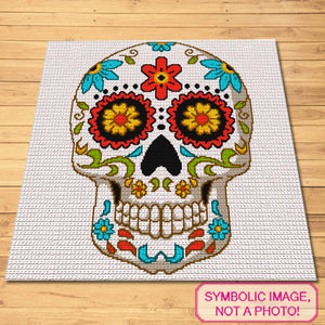 Crochet Sugar Skull (White), Halloween Crochet Blanket - Tapestry Crochet Blanket Pattern