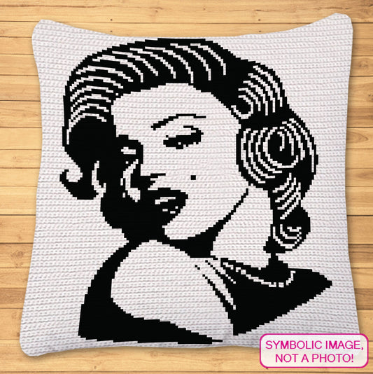 Crochet Celebrity Marilyn Monroe is a Graph Pattern with Written Instructions for a Tapestry Crochet Blanket and Pillow; PDF Digital Files. Click to learn more!