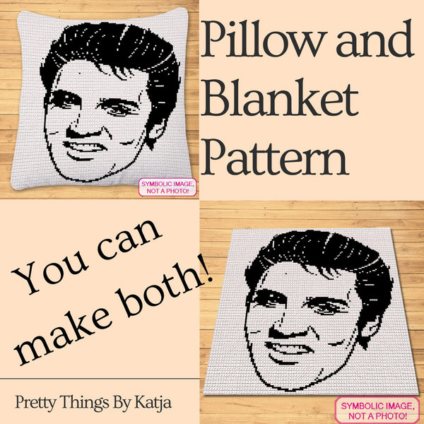 Crochet Celebrity Elvis Presley is a Crochet BUNDLE, a Graph Pattern with Written Instructions for a C2C Crochet Blanket Pattern, and a Tapestry Crochet Pillow; PDF Digital Files. Click to learn more!