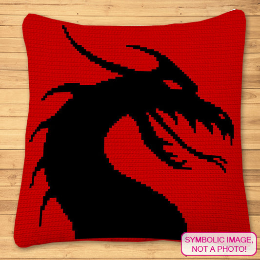 Dragon tapestry crochet blanket and pillow pattern featuring a black dragon silhouette on a red background with written instructions.
Two-color dragon SC crochet graphgan pattern with a 100 x 100 color chart and row-by-row instructions.