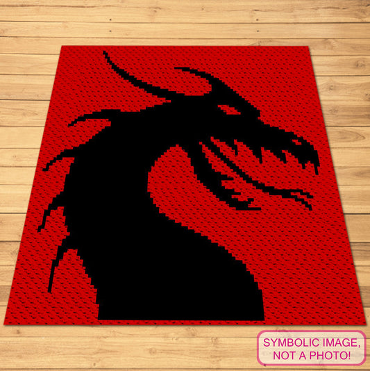 Dragon C2C crochet blanket pattern featuring a black dragon silhouette on a red background with written instructions.
Two-color dragon C2C graphgan pattern with a 100 x 100 color chart and row-by-row instructions.