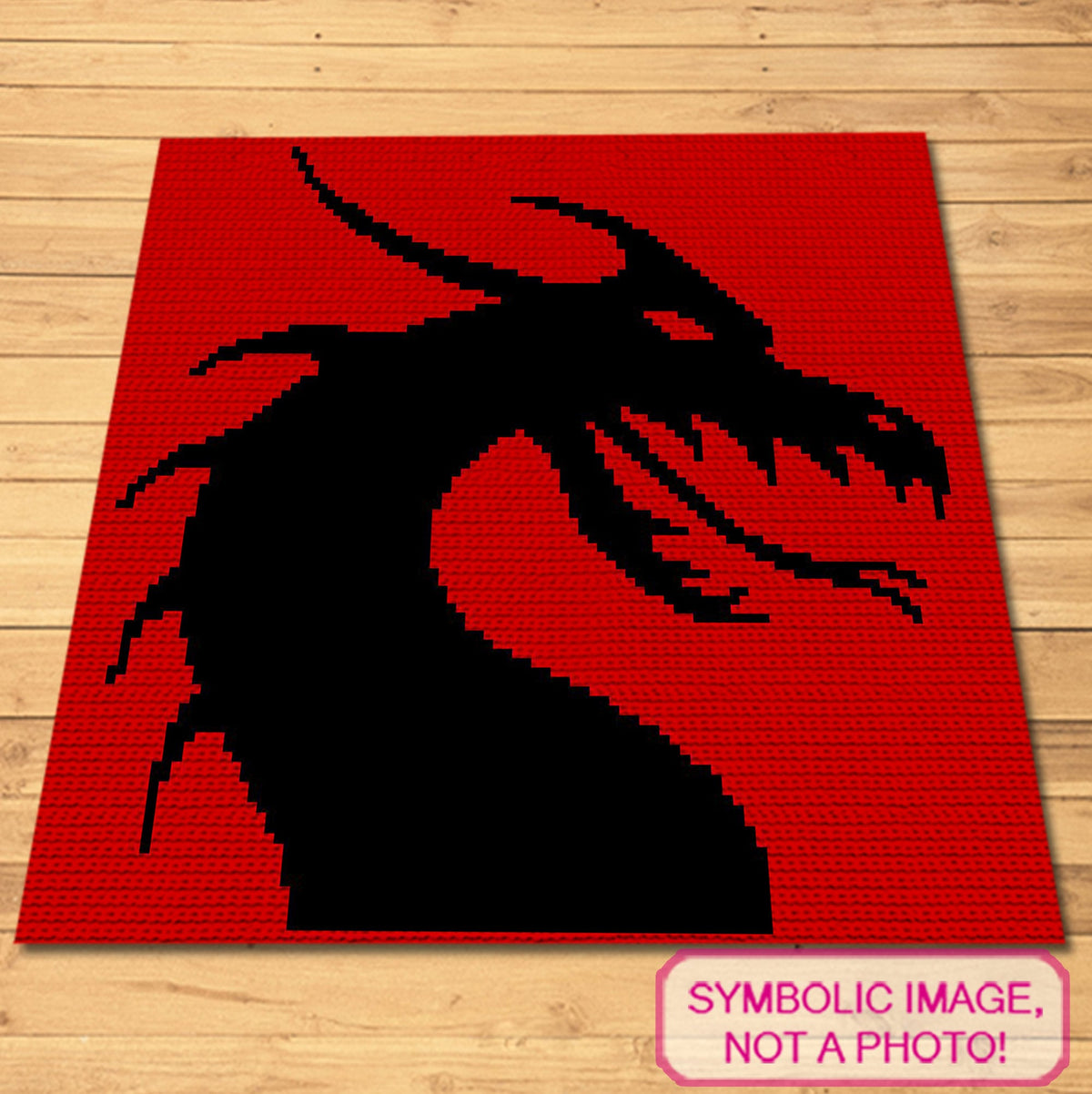 Dragon tapestry crochet blanket and pillow pattern featuring a black dragon silhouette on a red background with written instructions.
Two-color dragon SC crochet graphgan pattern with a 100 x 100 color chart and row-by-row instructions.
