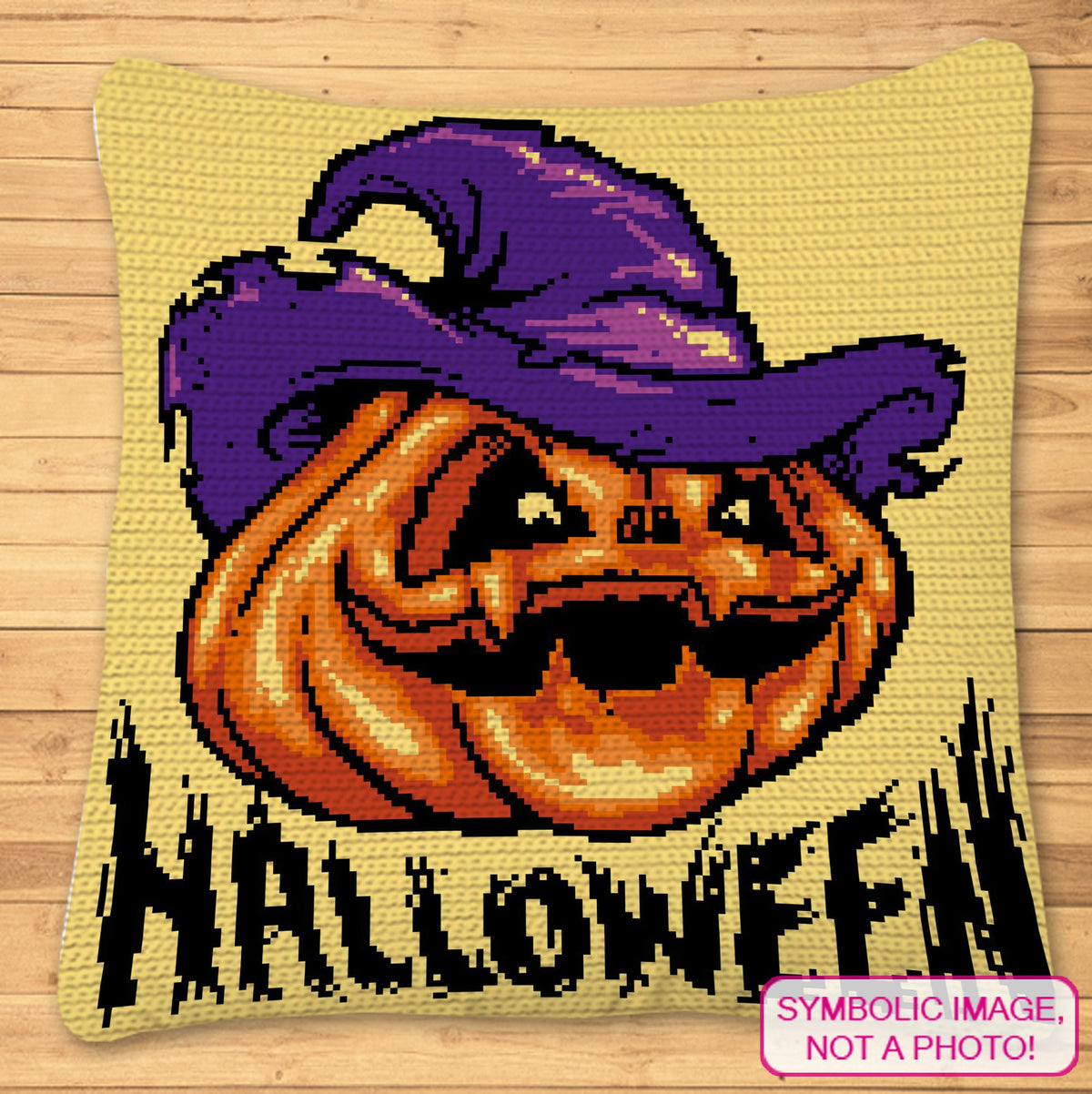 Halloween Pumpkin tapestry crochet blanket and pillow pattern featuring a jack o’ lantern with witch hat and Halloween lettering.
Single crochet Halloween pumpkin graphghan pattern with a 140 x 150 color chart and written row-by-row instructions.