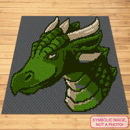 Dragon C2C crochet blanket pattern featuring a green fantasy dragon head graph design with written instructions.

C2C fantasy dragon graphgan pattern with full-color chart and written row-by-row instructions.