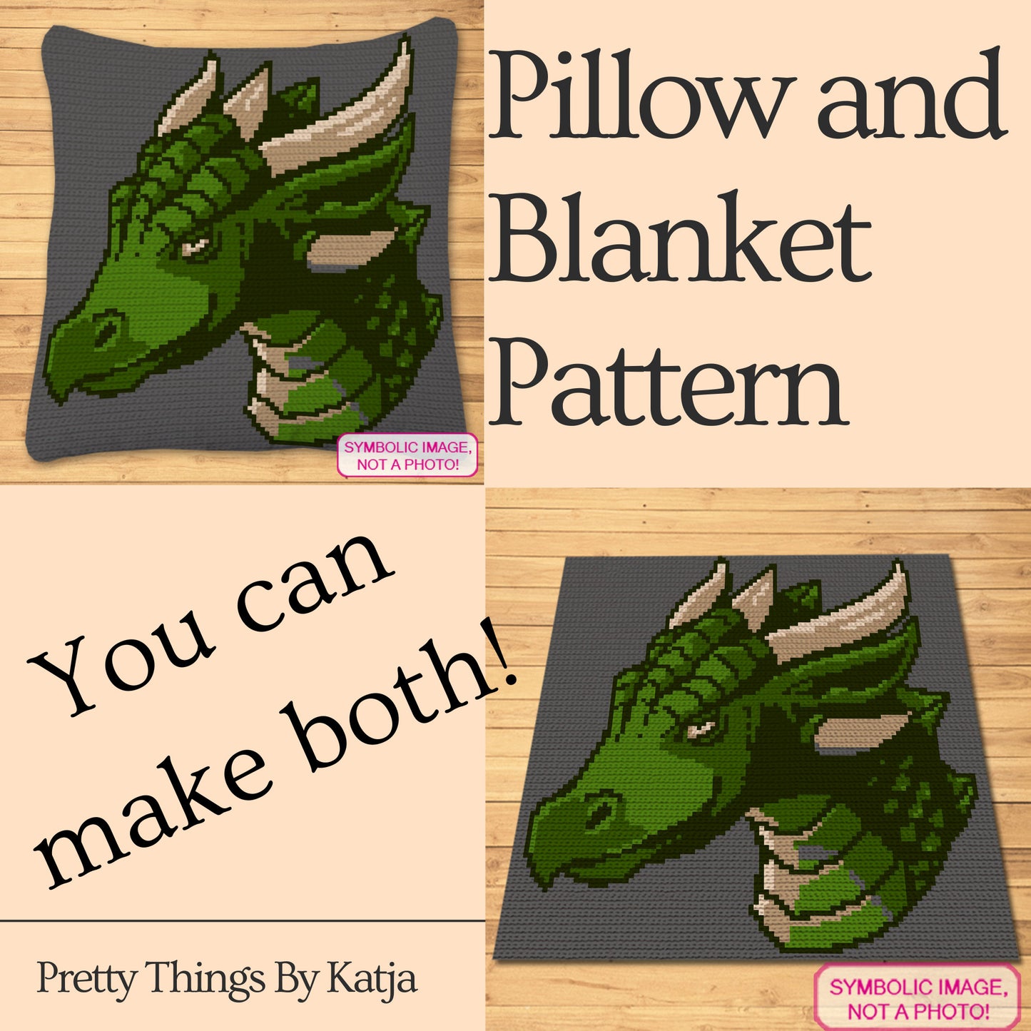 Tapestry crochet dragon graph pattern featuring a mythical creature design with instant-download PDF instructions.
Fantasy dragon SC crochet pattern with light green, green, dark green, grey, beige, and dark beige yarn colors.