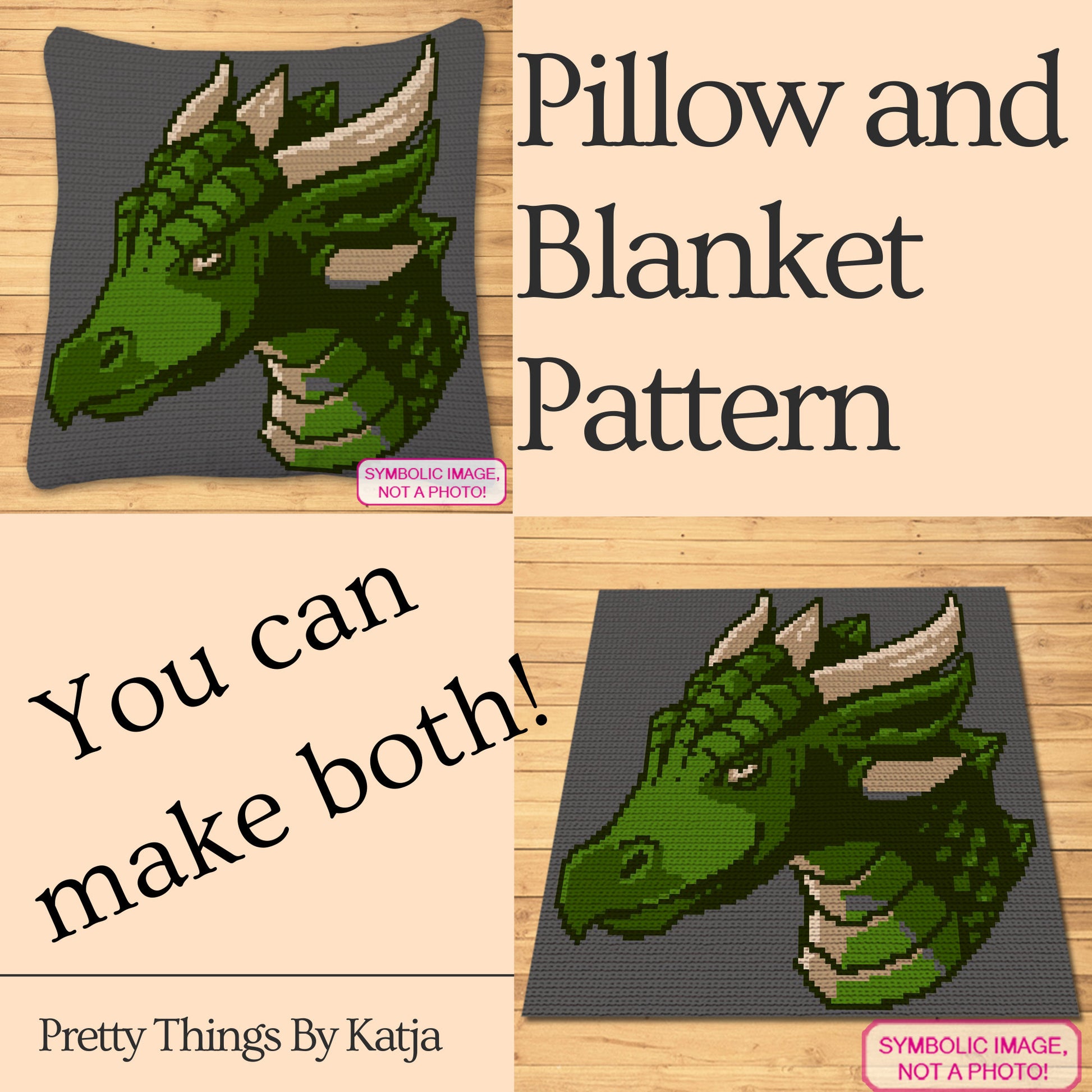 Tapestry crochet dragon graph pattern featuring a mythical creature design with instant-download PDF instructions.
Fantasy dragon SC crochet pattern with light green, green, dark green, grey, beige, and dark beige yarn colors.