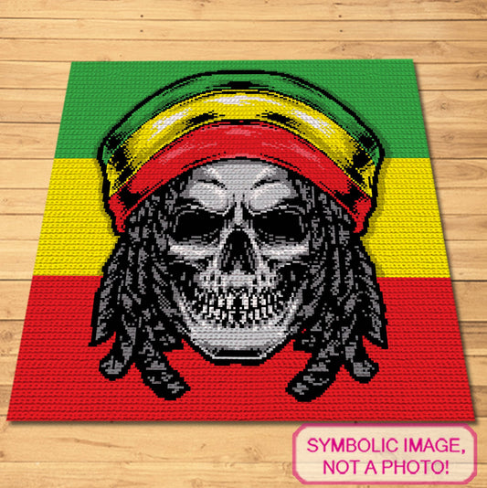 Rasta Skeleton tapestry crochet blanket pattern featuring a skull with red, yellow, green, black, white, and grey details.
Single crochet skeleton skull graphghan pattern with a 200 x 200 color chart and written row-by-row instructions.