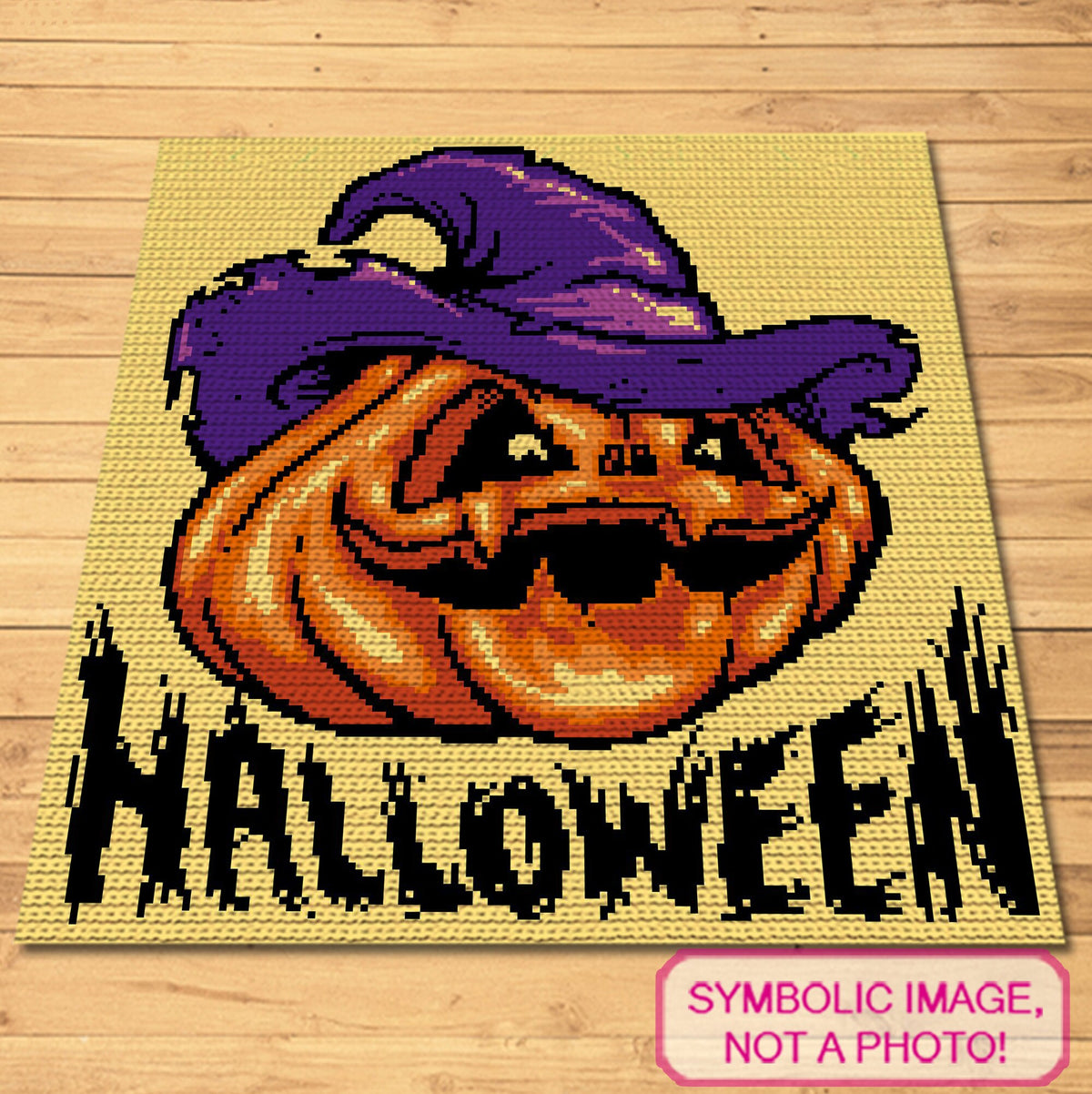 Single crochet Halloween pumpkin graphghan pattern with a 140 x 150 color chart and written row-by-row instructions.
Jack o’ lantern crochet blanket and pillow pattern using black, peach, purple, dark purple, light orange, dark orange, and orange yarn.
