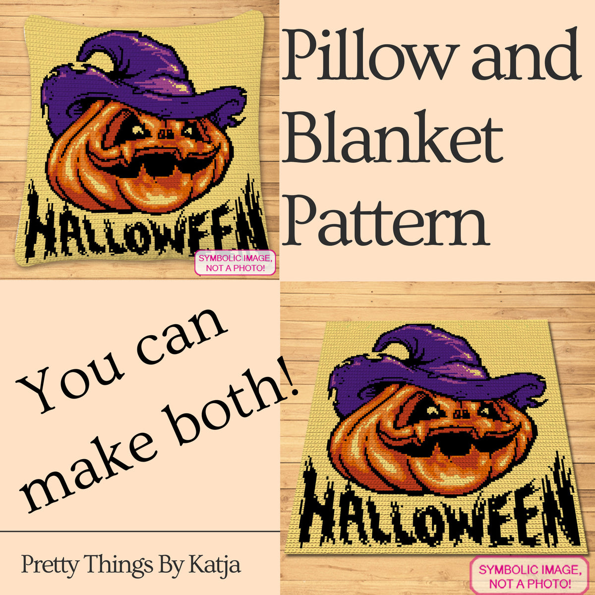 Single crochet Halloween pumpkin graphghan pattern with a 140 x 150 color chart and written row-by-row instructions.
Jack o’ lantern crochet blanket and pillow pattern using black, peach, purple, dark purple, light orange, dark orange, and orange yarn.