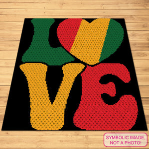 Rasta Love Crochet Blanket Pattern - Embrace the Spirit of One Love!  Crochet a vibrant masterpiece with Rasta-inspired colors and patterns that radiate love, unity, and positivity. Spread the message of peace and harmony with every stitch.  Crochet Love is a C2C Graphgan Pattern with Written Instructions, PDF Digital Files. Click to learn more!