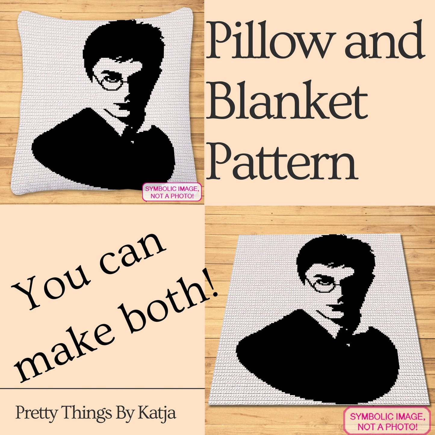 Crochet Harry Potter BUNDLE - Crochet Celebrity Daniel Radcliffe, is a Crochet BUNDLE, a Graph Pattern with Written Instructions for a C2C Crochet Blanket Pattern, and a Tapestry Crochet Pillow; PDF Digital Files. Click to learn more!
